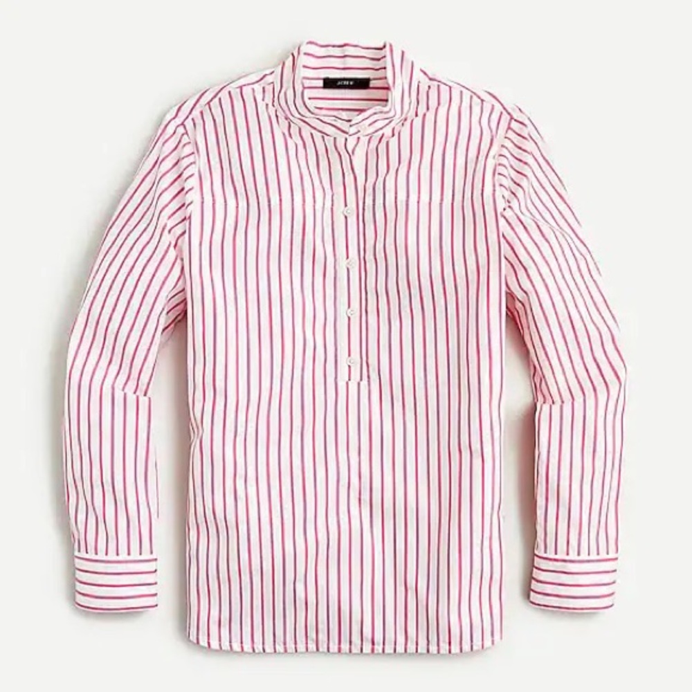J. Crew Band-Collar Cotton Poplin Tunic in Stripe | Pink and White | 8